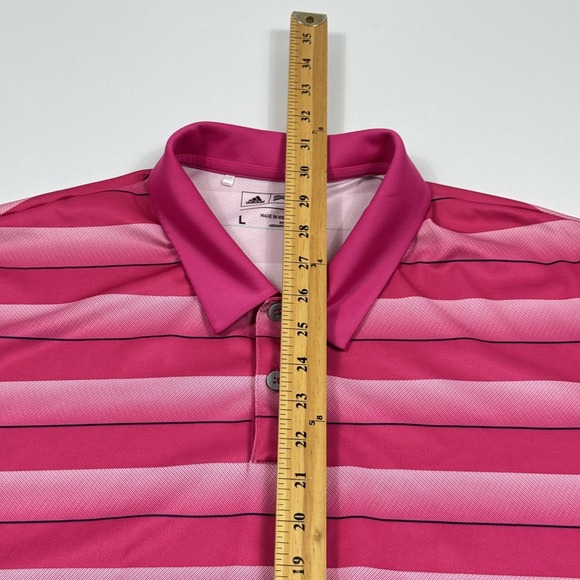 Adidas Polo Golf Shirt Polyester Short Sleeve Striped Pink Men's Large - Picture 6 of 10